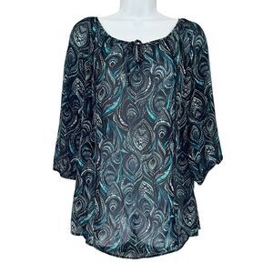 Croft & Barrow Sheer Paisley Navy Teal White Peasant Top Size XL